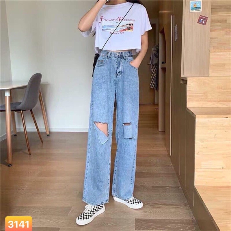 Quần Jeans Ống Rộng Rách Nhẹ