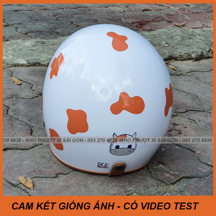 GIỐNG ẢNH - Mũ bảo hiểm 3/4 trắng lót nâu kèm sticker bò sữa nâu siêu cute đi phượt - đi làm - Nón 3/4 hình bò sữa