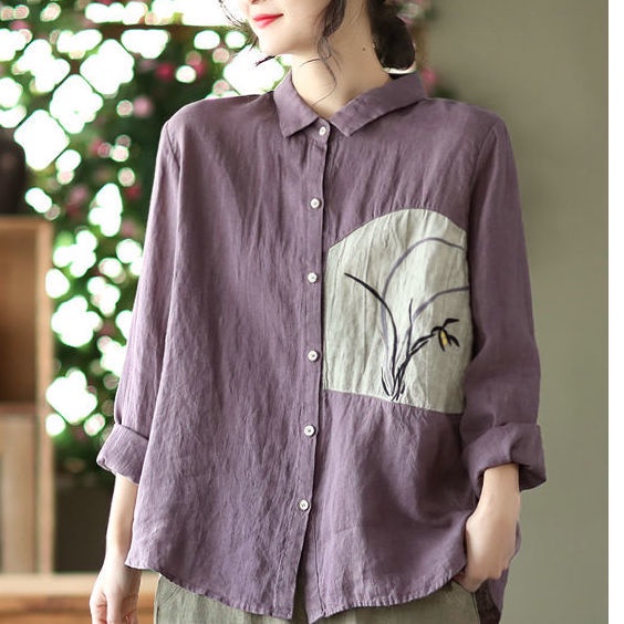 Áo Sơ Mi Cotton Lanh Mỏng Tay Dài Cổ Bẻ Thêu Hình Hoa Phong Lan Phong Cách Retro Mùa Xuân Mới 2022