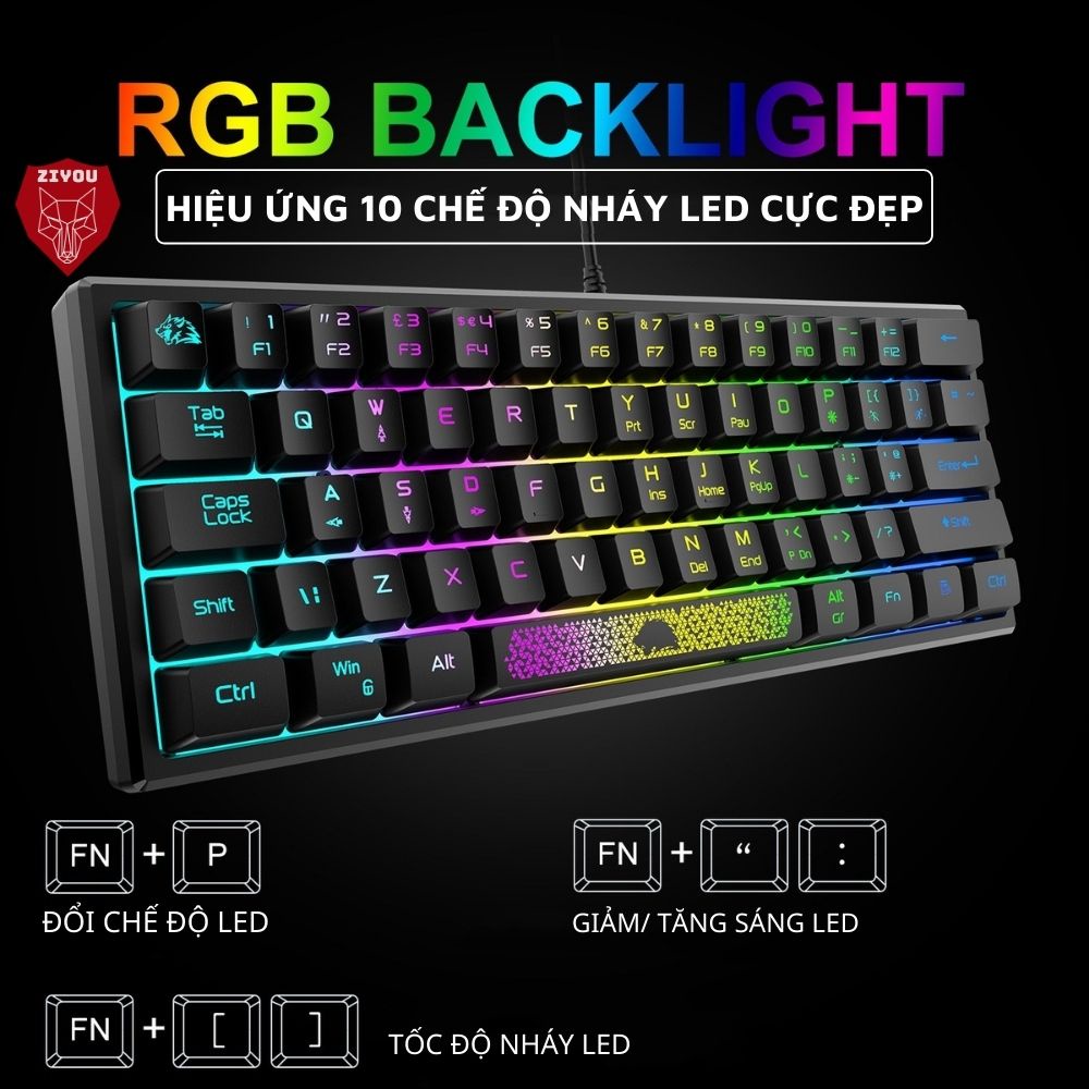 Bàn Phím LED RGB Ziyou K61 Thiết Kế Nhỏ Gọn, 10 Chế Độ LED Cực Đẹp, Tương Thích Với Các Dòng Máy Tính, Laptop, pc
