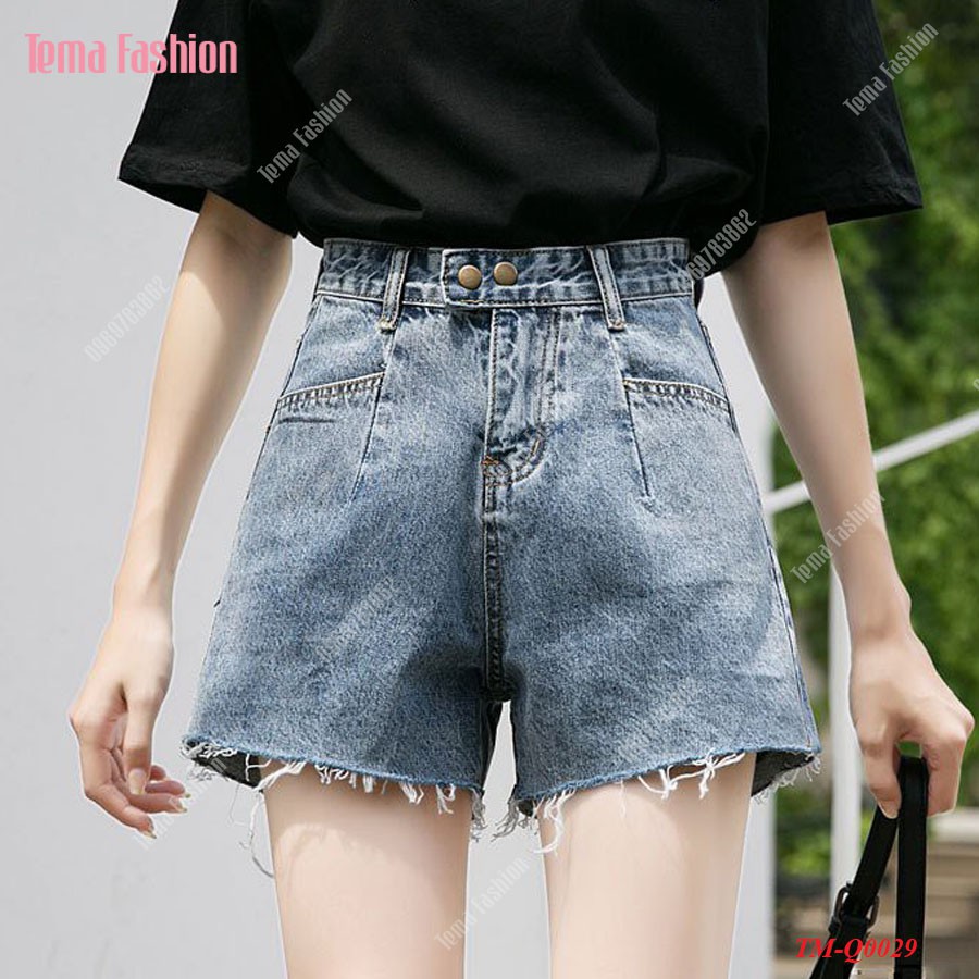 Quần short jean nữ TEMA - Quần đùi nữ jean dày dặn túi cách điệu gấu rách siêu xinh