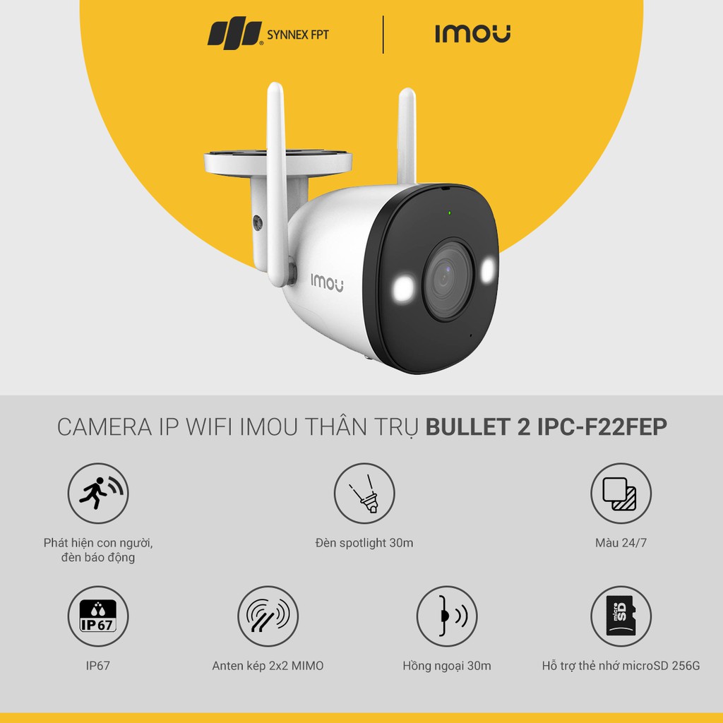 Camera giám sát IMOU IP WiFi  thân trụ Bullet 2 4M/Full Color/2-way talk/Siren/Spotlight/IP67/IR30m, 2Y WTY_IPC-F42FEP