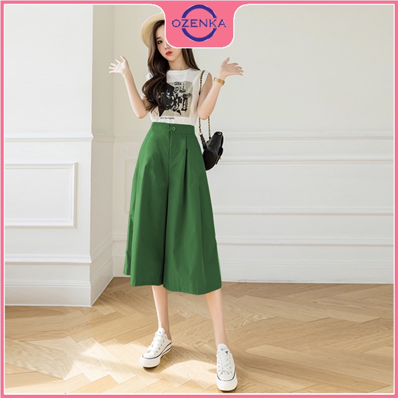 Quần lửng cạp cao ống rộng nữ OZENKA , quần lỡ giả váy đũi tơ mặc đi chơi mặc ở nhà siêu mát màu đen rêu