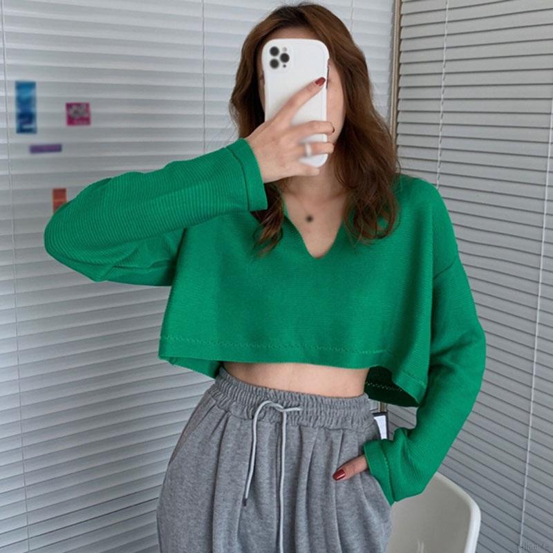 Áo Croptop Dệt Kim Tay Dài Thiết Kế Cổ Chữ V Màu Trơn Thanh Lịch