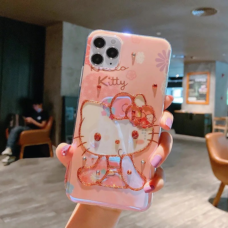 Ốp điện thoại nhựa in Hello Kitty đính kim cương xanh dương cho iPhone se/7/7p/8/8p/x/xs/xs max/xr/11/12/mini/promax