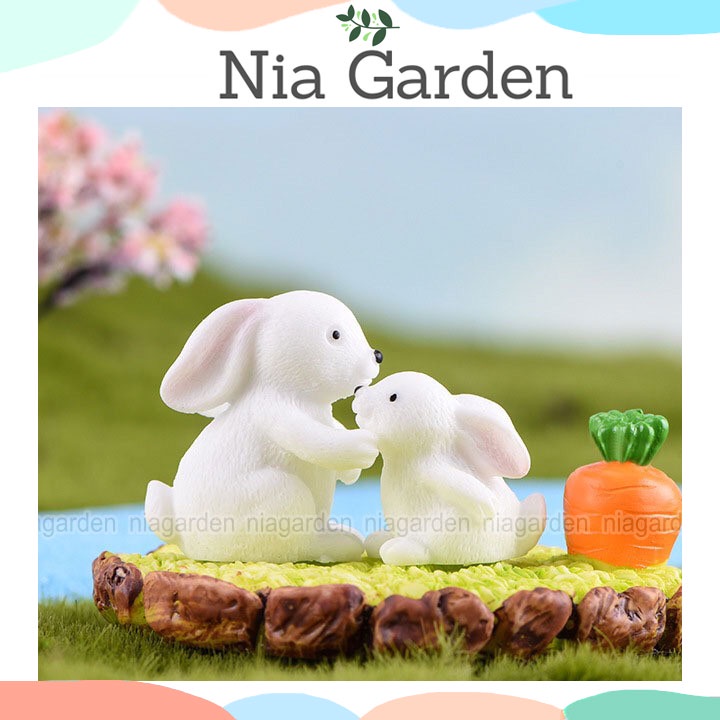 Mô hình trang trí tiểu cảnh chậu cây thỏ trắng mini mẹ con Nia Garden N5