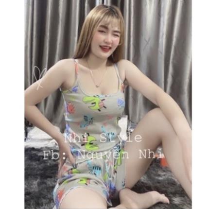 Bộ ngủ 2 dây họa tiết chất co giãn mát lạnh, Sét đồ ngủ hai dây sexxy BN0081 - NhiNhi Shop
