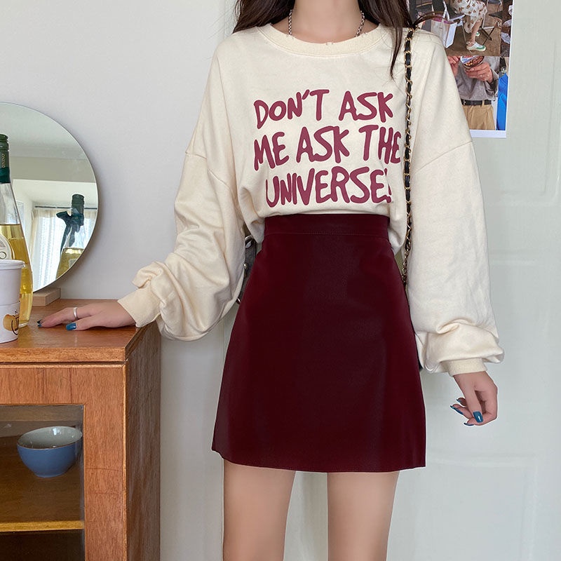 Chân Váy Chữ A Lưng Cao Màu Đỏ Đậm Phong Cách Retro Thời Trang