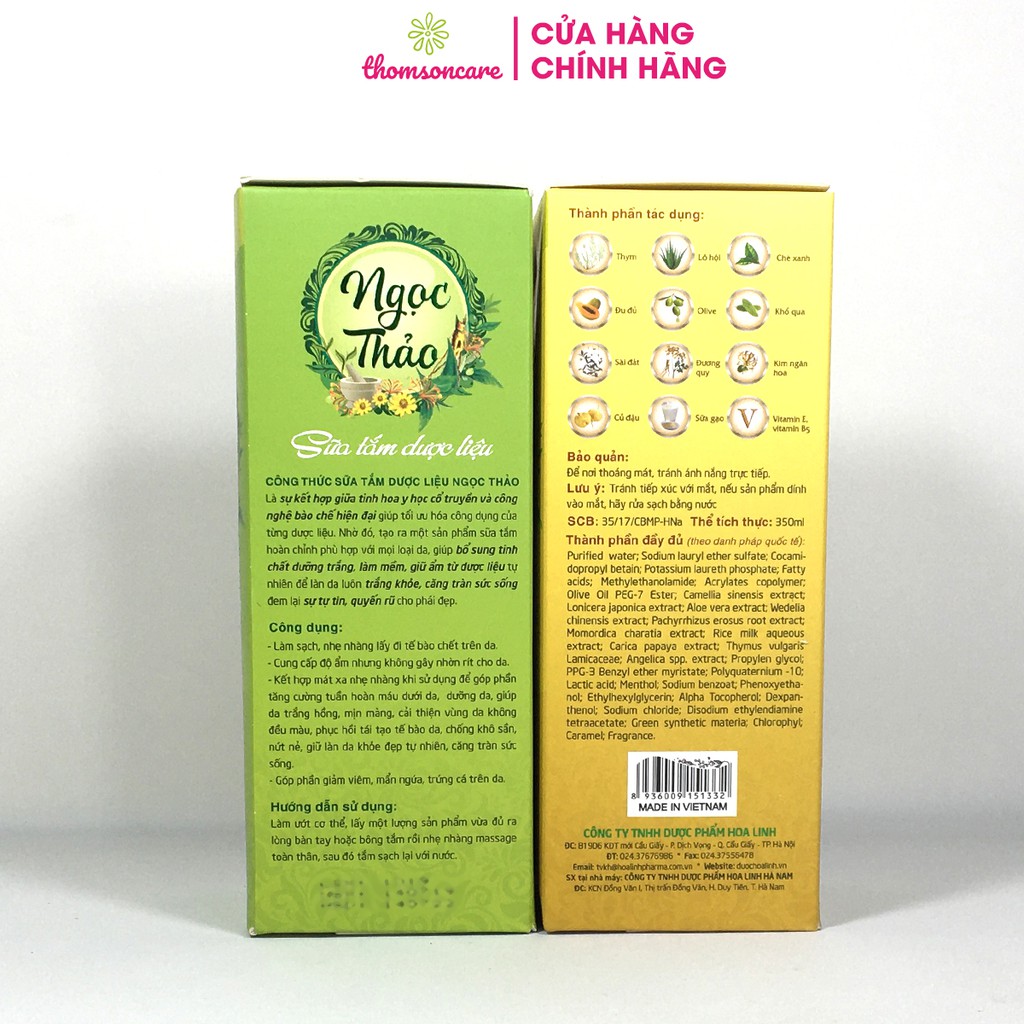 Sữa tắm dược liệu Ngọc Thảo 350ml - Chai có vòi tiện lợi - Tẩy da chết, dưỡng ẩm, giảm mụn lưng trứng cá mẩn ngứa