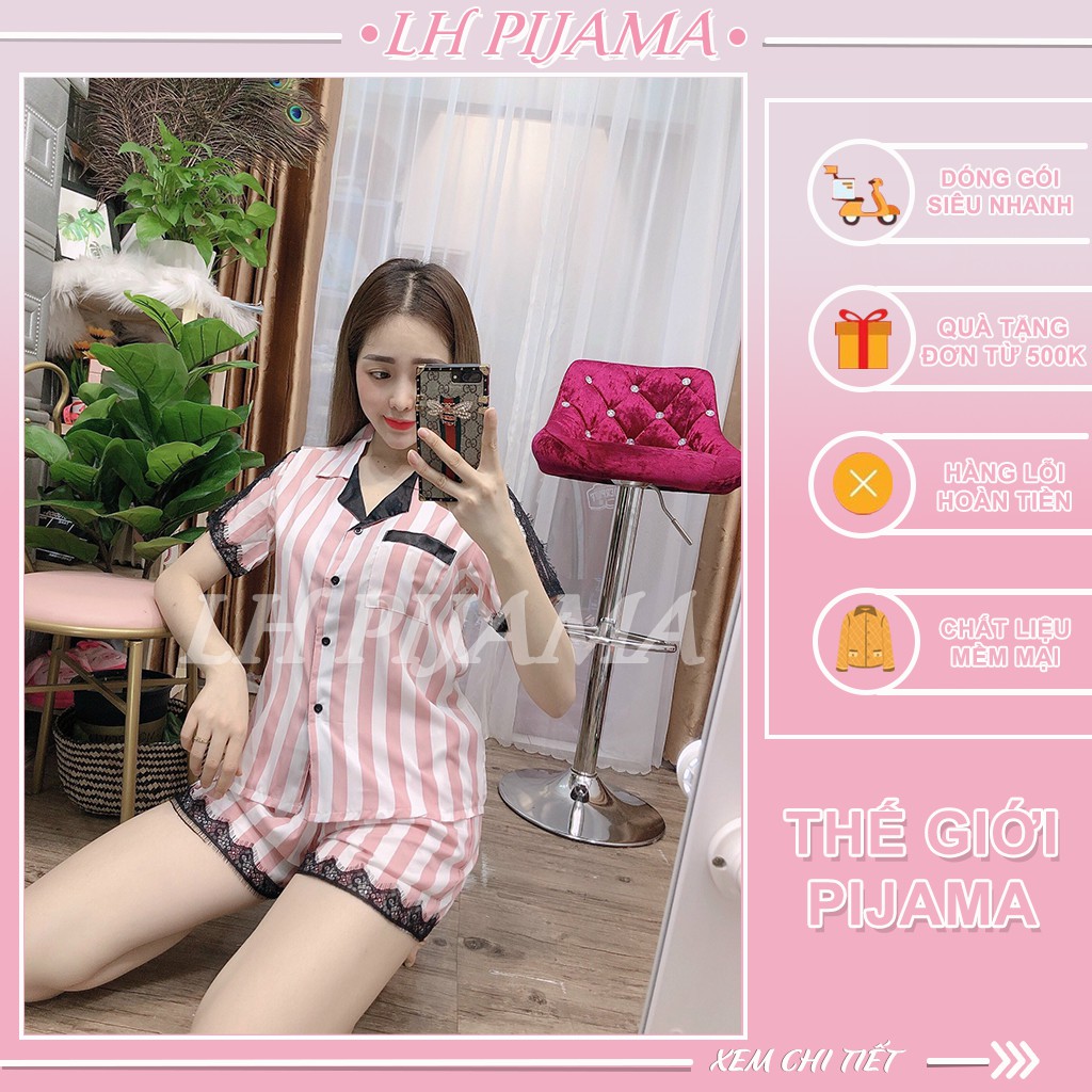 Đồ Bộ Pijama, Đồ Ngủ Nữ, Bộ Ngủ Lụa Nữ Phối Ren Tay Ngắn Quần Ngắn Lụa Hàn Cao Cấp