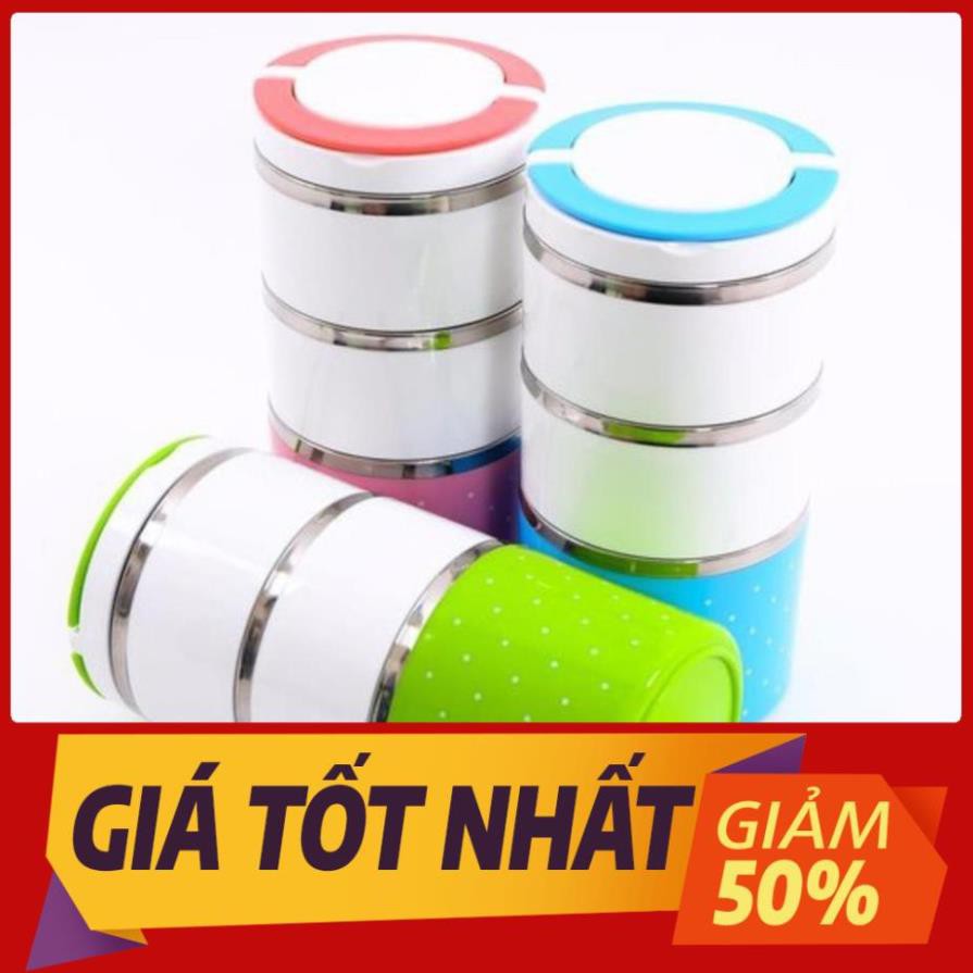 Hộp cơm giữ nhiệt ruột inox chấm bi 3 tầng đa năng - hộp cơm trưa văn phòng tiện dụng