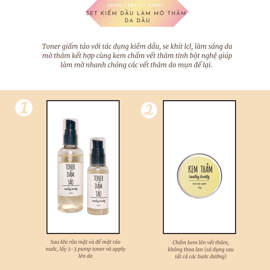 Set làm mờ thâm mụn dưỡng sáng da thiên nhiên Toner dấm táo - kem thâm nghệ Sunday Beauty