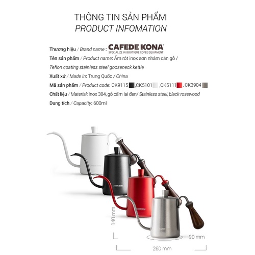 Ấm rót nước nóng pha cà phê bằng inox cán gỗ Cafede Kona