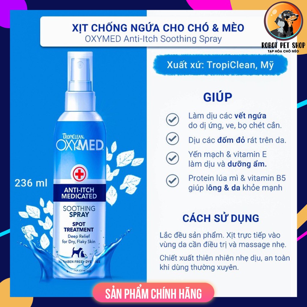 (236ml) OxyMed anti itch soothing spray - xịt chống ngứa cho chó mèo