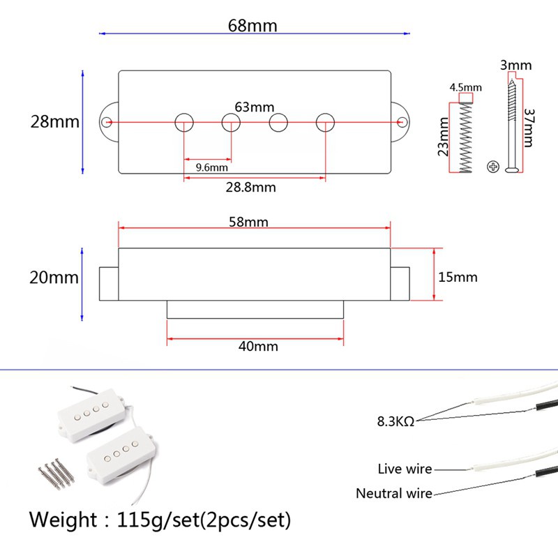 1Pair 4 String Noiseless Pickup White for Precision P-Bass Guitar