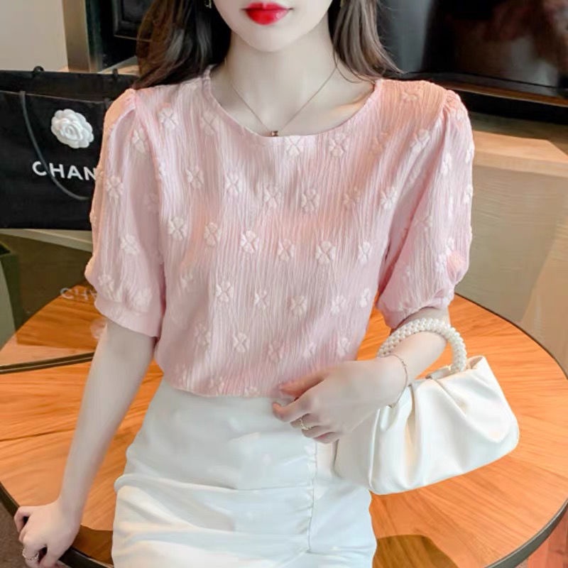Áo Sơ Mi Tay Ngắn Phồng Cổ Tròn Dáng Rộng Thiết Kế Mới Thời Trang Mùa Hè Cho Nữ