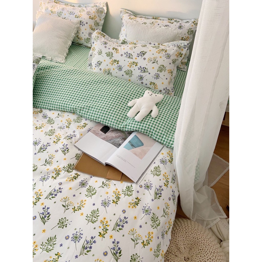 Bộ chăn ga gối Cotton poly M2T Bedding Hoa nhí phối xanh lá, vỏ chăn mền, drap nệm và 2 vỏ gối