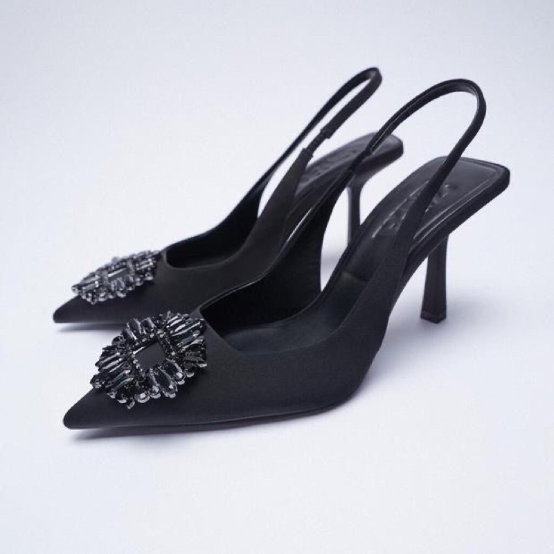 Giày sandal đá đen Z2 cao gót 7cm HALEY STORE mũi nhọn quai đính xoàn lấp lánh tiểu thư công chúa đi tiệc rẻ bền đẹp