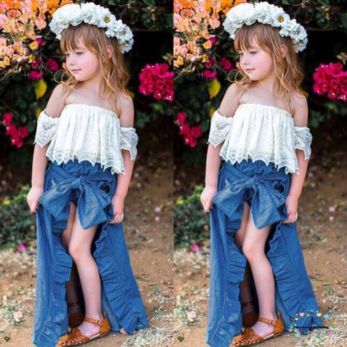 ღWSVღKids Girl Lace Tops+Denim Shorts Ruffles Bow Skirt Set