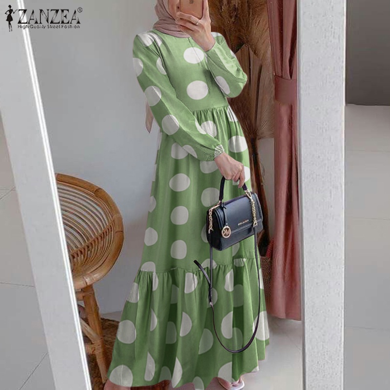 Zanzea Đầm Tay Dài Xếp Tầng Họa Tiết Chấm Bi Phong Cách Retro Thanh Lịch Dành Cho Phụ Nữ Hồi Giáo