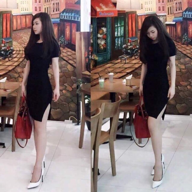 Váy Body Cổ Tròn Xẻ Đùi Tay Ngắn 🌸Chất Thun Gân 🌸 VN10