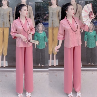 Set lụa hồng đi chùa - bộ đi lễ chùa nữ lụa vân hàng thiết kế cao cấp