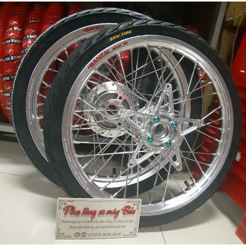 Bánh căm xe  RAIDER SATRIA niềng nhôm BANZAI  vỏ CRV 60/70 kèm lòng nhôm và 5  ốc g5 như hình gắn như zin