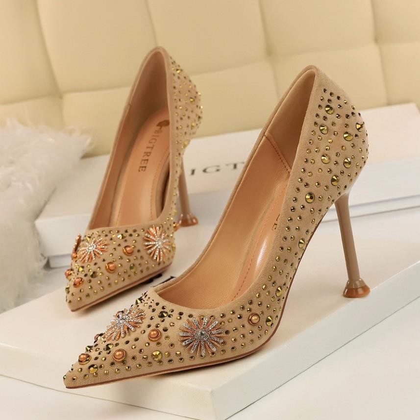 GIÀY CAO GÓT BIGTREE DA LỘN MŨI NHỌN RHINESTONE TRANG TRÍ 278-16