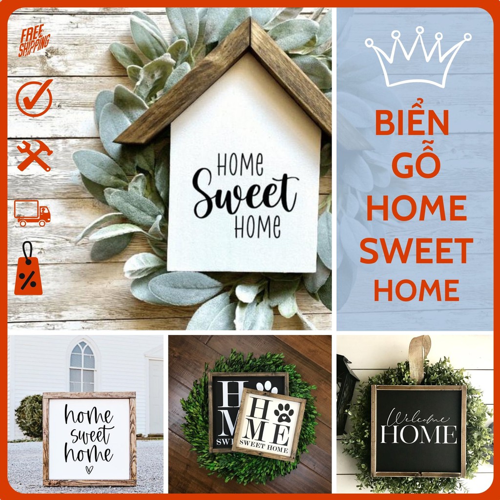 Biển gỗ Home Sweet Home phong cách vintage (không bao gồm lá), biển Wellcome trang trí treo tường phòng khách