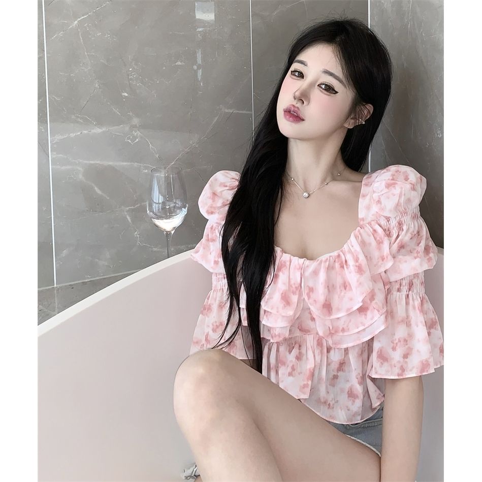 Áo Voan Hoa Trễ Vai Cổ Vuông Tay Phồng Thời Trang Cho Nữ