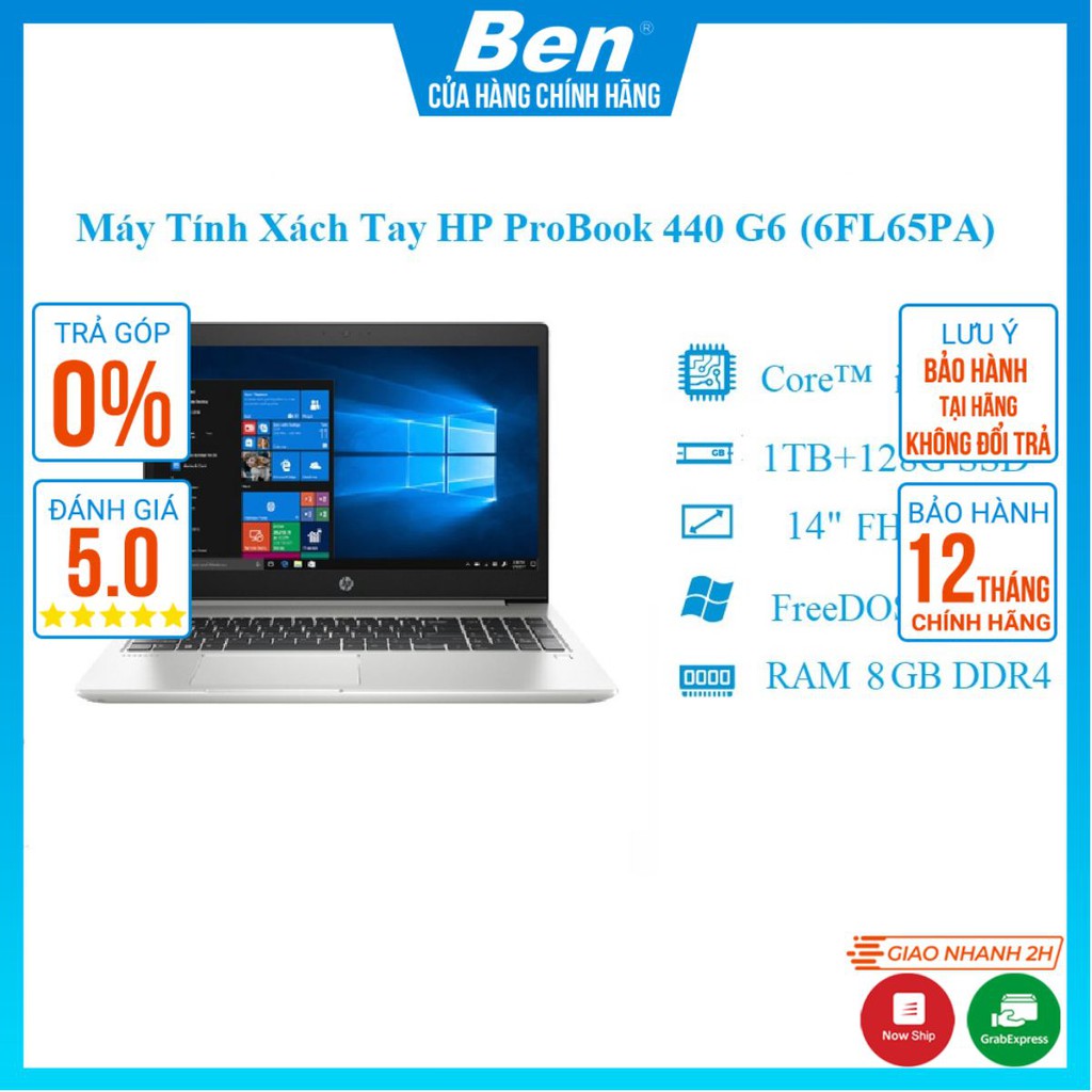 Máy tính xách tay HP ProBook 440 G6/i7-8565U-1.8G/8G/1TB+128G SSD/14"FHD/2Vr/FP/Silver (6FL65PA) - Hàng Chính Hãng