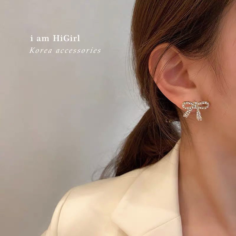 Bông tai nữ nơ đính đá lấp lánh phong cách Hàn Quốc