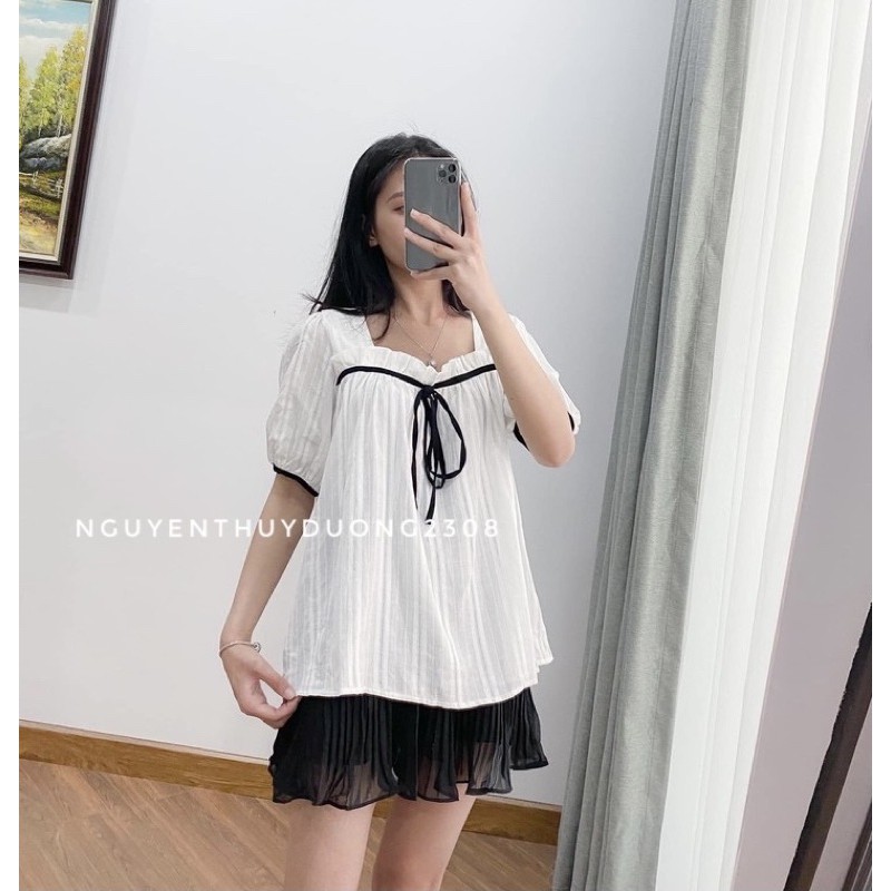 [Ảnh thật/Sẵn]Áo sơmi thô ren viền đen nơ cổ