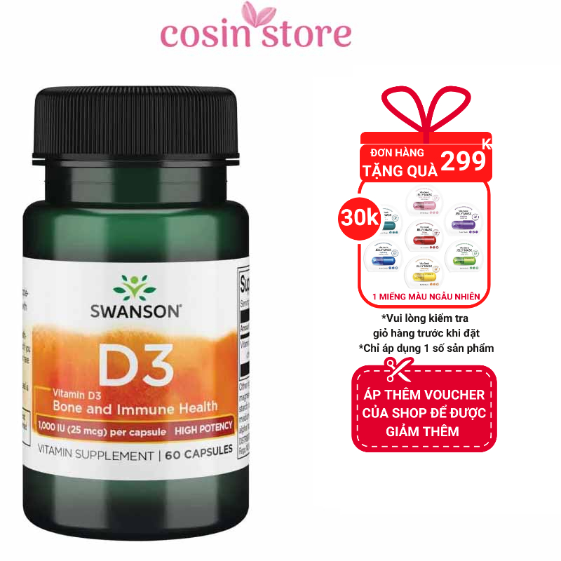 Viên Uống Vitamin D3 Swanson 1000 IU 25 mcg 60 Viên