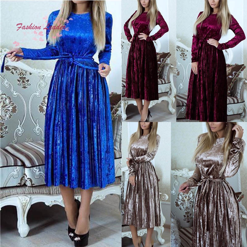 Đầm nhung cổ tròn tay dài phối dây cột thắt lưng thời trang cho nữ | BigBuy360 - bigbuy360.vn