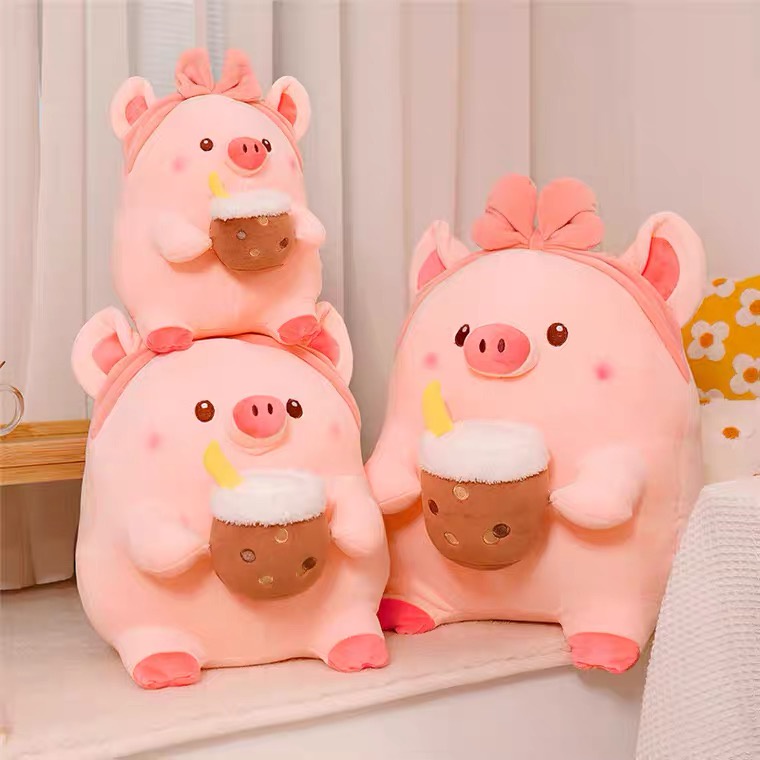 Phim hoạt hình Lợn hồng Đồ chơi sang trọng Nhồi bông Động vật mềm Lợn cầm cốc bong bóng Búp bê