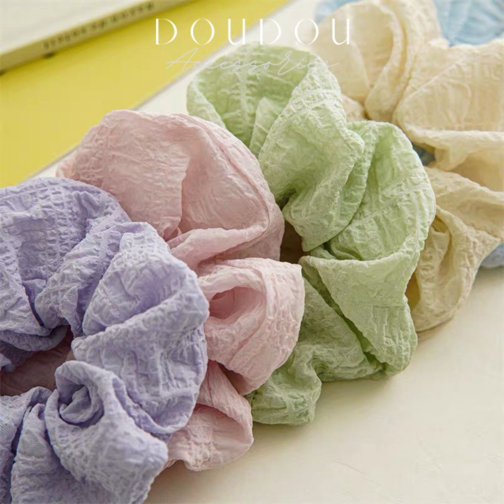Dây buộc tóc Scrunchies DOUDOU Dây cột tóc nữ vải nhún mềm mịn họa tiết màu sắc xinh xắn thời trang FQ010