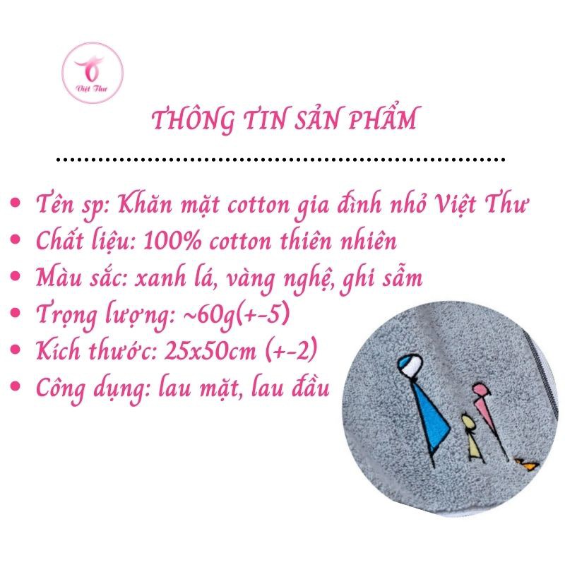 Khăn mặt cotton gia đình nhỏ cao cấp VIỆT THƯ, siêu mềm mịn, siêu thấm hút, siêu kháng khuẩn, 60gr, 25x50cm