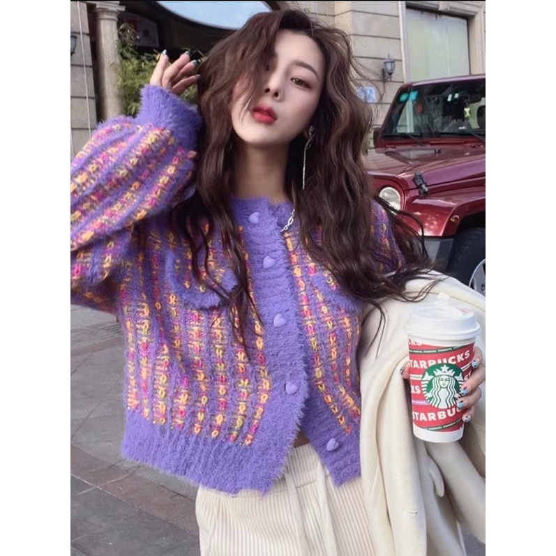 (ORDER) Áo khoác len cardigan dáng ngắn màu hồng tím, phối viền nổi bật style Hàn Quốc