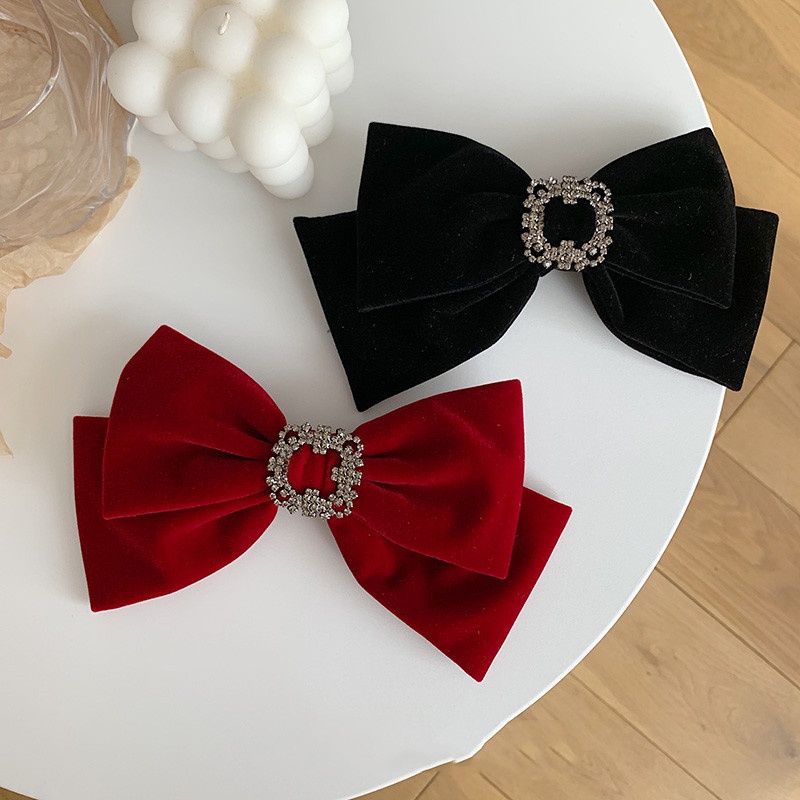 Kẹp Tóc Nơ Vải Nhung Màu Đỏ Đen Phong Cách Vintage