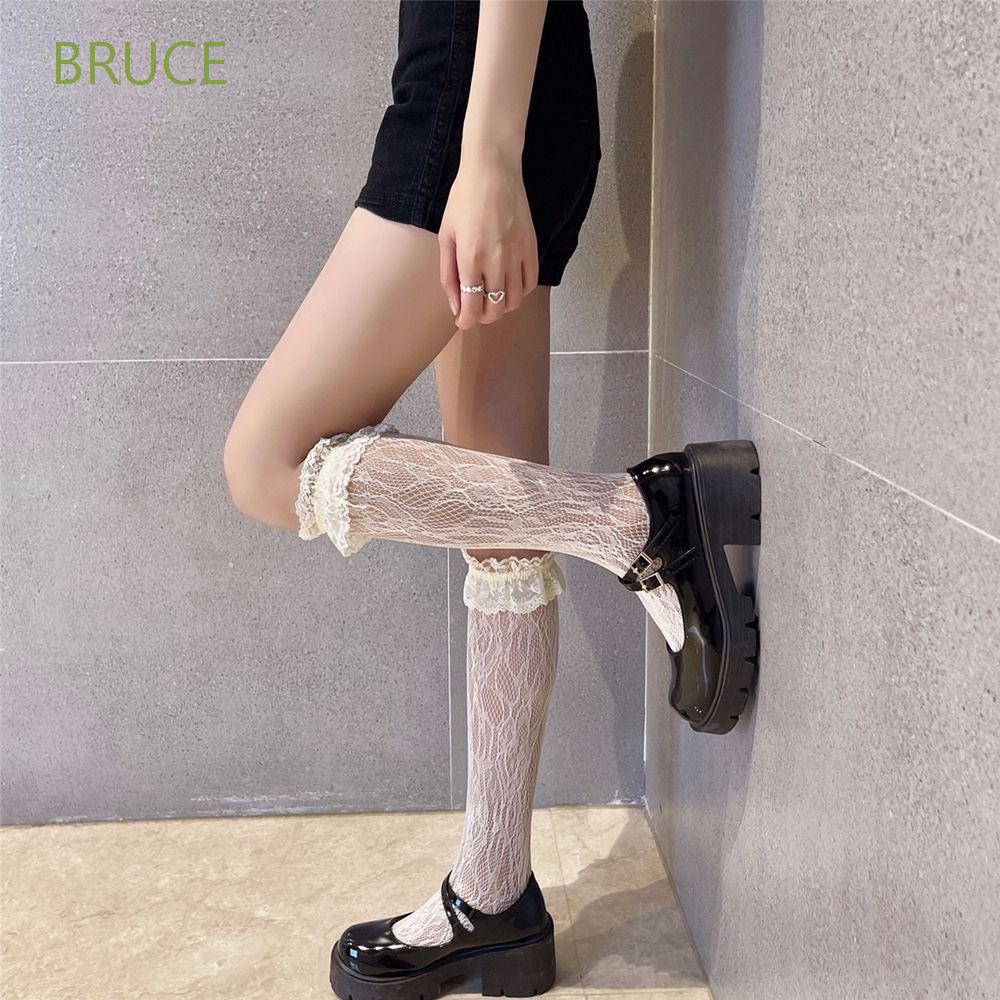 BRUCE Vớ lưới cá phối bèo ren co giãn màu trơn phong cách gothic lolita dành cho nữ hóa trang hosiery/ nhiều màu sắc