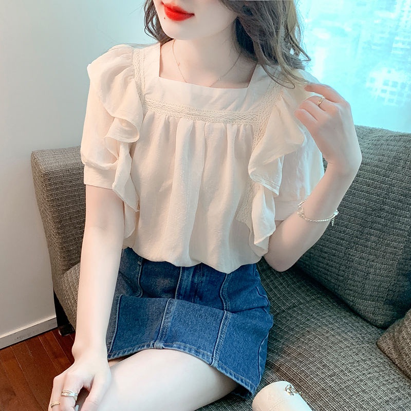 Áo Sơ Mi Tay Ngắn Cổ Vuông Phong Cách Thời Trang Hàn Quốc Cho Nữ