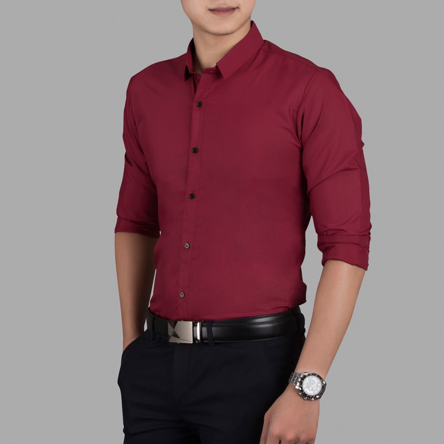 Áo sơ mi nam trơn đỏ đô tay dài Hàn Quốc đẹp (Đỏ đô)