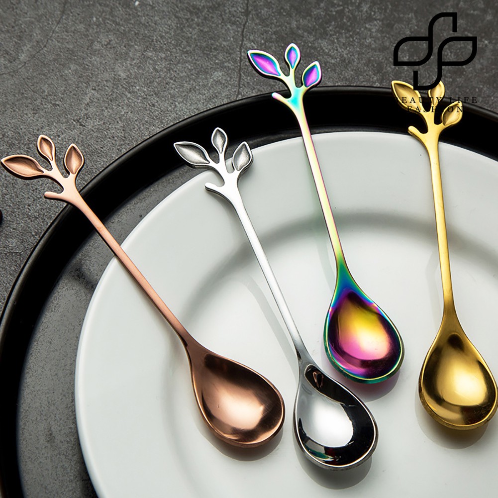 [Moon] Creative Leaf Stainless Coffee Mixing Spoon Fork Kitchen Flatware