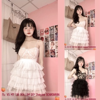 set áo croptop dây ren phối cv tầng lưới