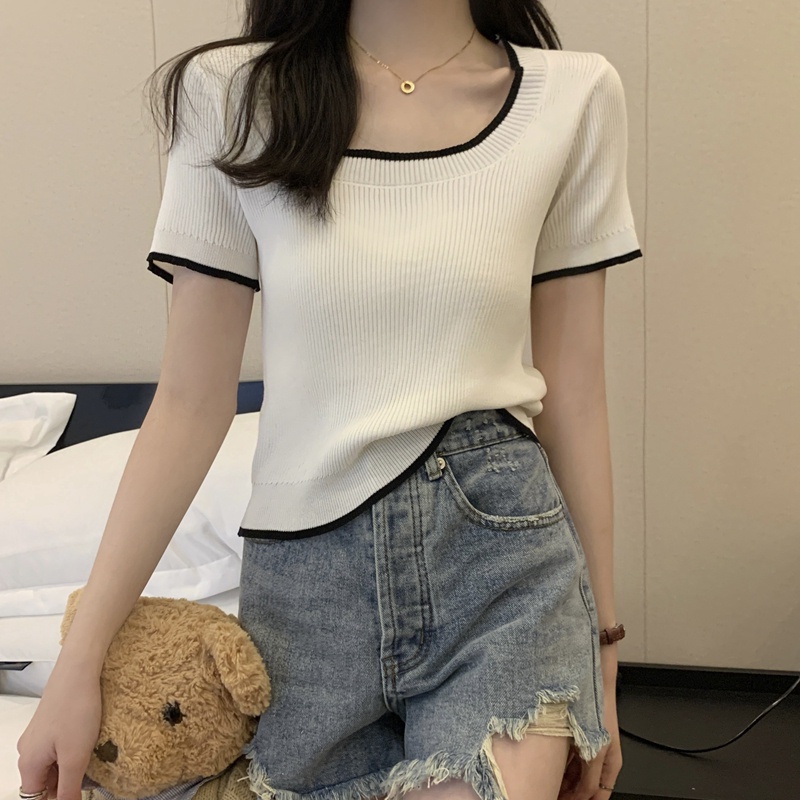 Áo Dệt Kim Cổ Vuông Ngắn Tay Thời Trang Mùa Hè Hàn Quốc Dành Cho Nữ 52611