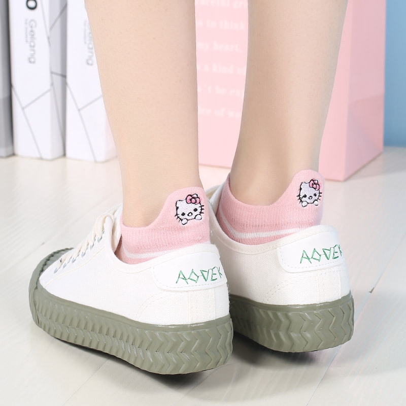 Cute Cat Embroidered Heel Protector Ankle Socks Girls Women Cotton Animals School Japanese Non Slip White Pink Low Cut Socks Kawaii