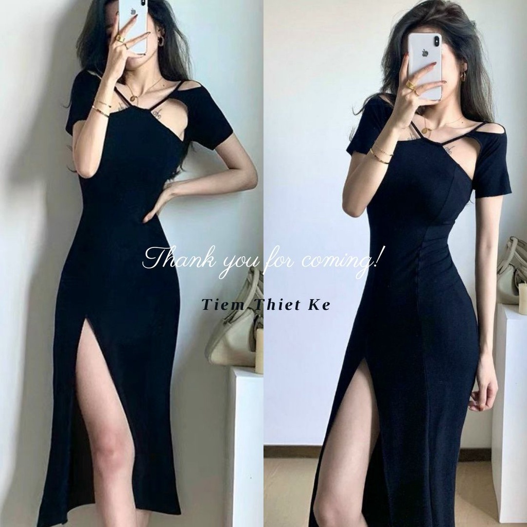 Đầm Ôm Body Xẻ Tà Cổ Yếm Sang Chảnh Váy Body Dáng Dài  Dự Tiệc Sang Chảnh Hở Vai Sexy Tay Ngắn Tôn Dáng Gợi Cảm