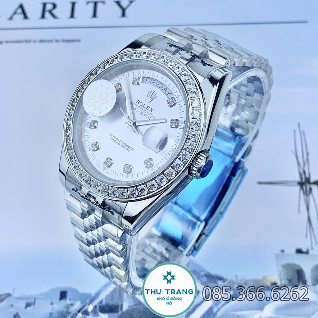 ĐỒNG HỒ NAM đồng hồ cơ Rolex  automatic 2 lịch trắng đính đá size 40-41mm