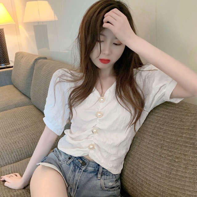 Áo sơ mi nữ cổ V,nhún ngực B-A-M STORE